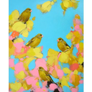 Greenfinches in pink